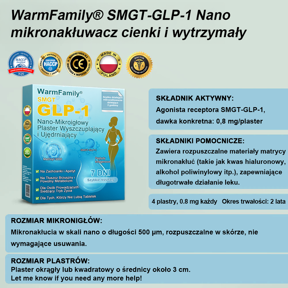 WarmFamily® SMGT-GLP-1 Nano Plaster z Mikronakłuciami z Kolagenem i Matrixylem 3000 ✅ | Klinicznie potwierdzone działanie na odchudzanie, zdrowie sercowo-naczyniowe, cukrzycę i inne problemy zdrowotne, polecany przez lekarzy 👨⚕️